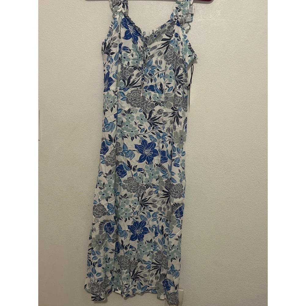 Japna Blue Floral Smocked Midi Dress Lace Up Neck Ruffle Strap  Womens M  K127